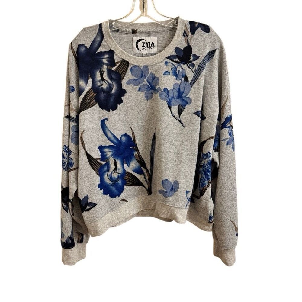 ZYIA Active Gray Blue Floral Lightweight Cropped Sweater Size XXXL